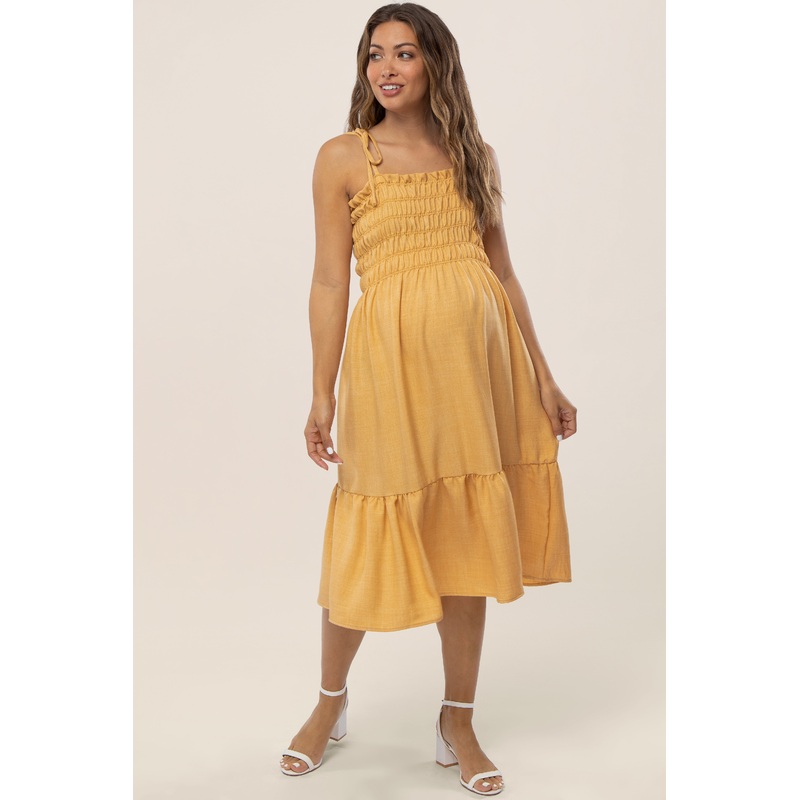 Yellow Shoulder Tie Smocked Maternity Midi Dress
