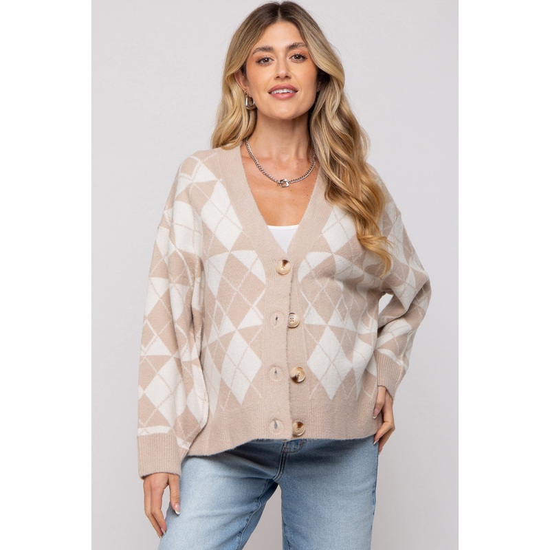 Beige Argyle Button Front Maternity Cardigan
