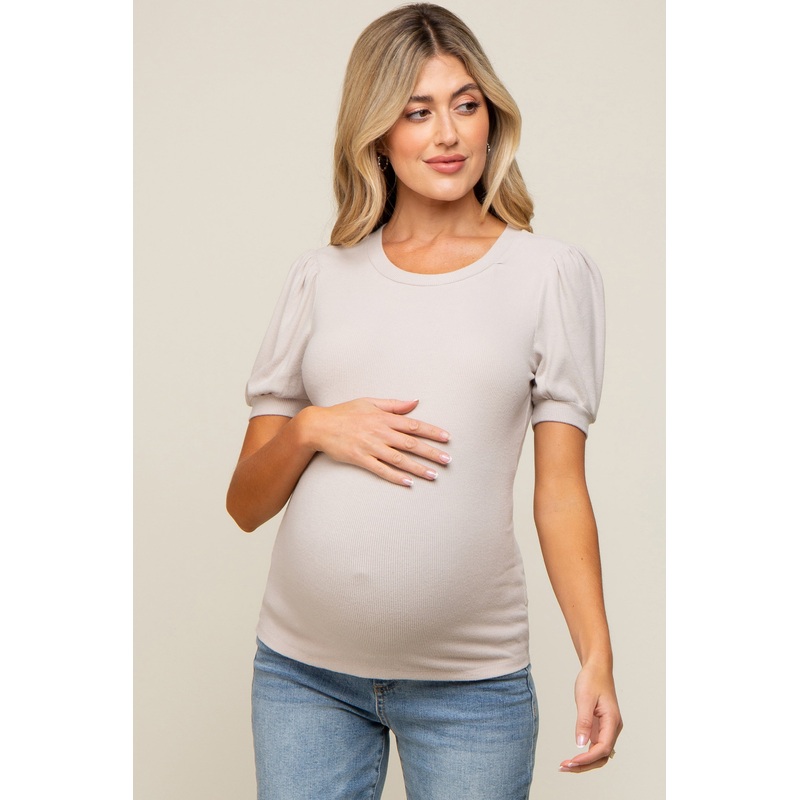 Beige Brushed Knit Tied Back Cutout Maternity Top