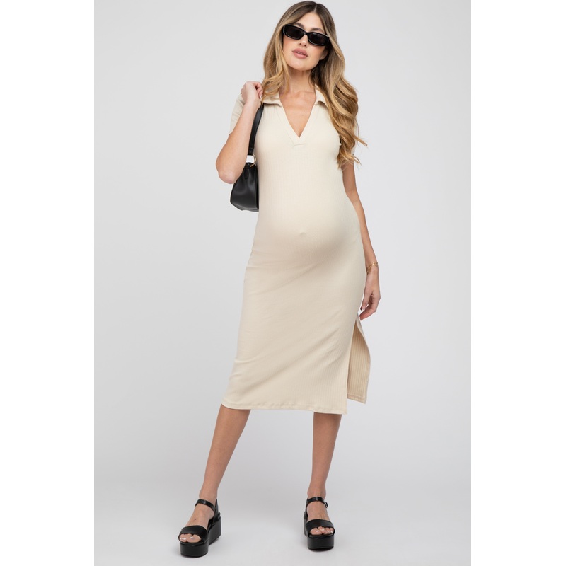 Beige Collared Ribbed Maternity Midi Dress