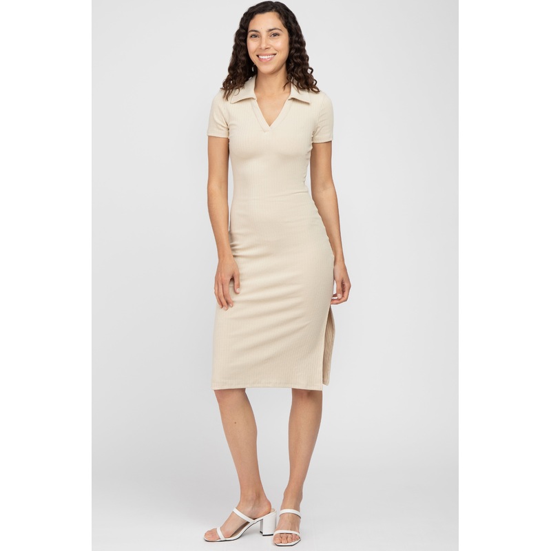 Beige Collared Ribbed Midi Dress