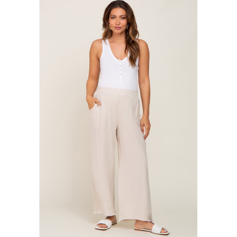 Beige Fringe Hem Linen Maternity Pants