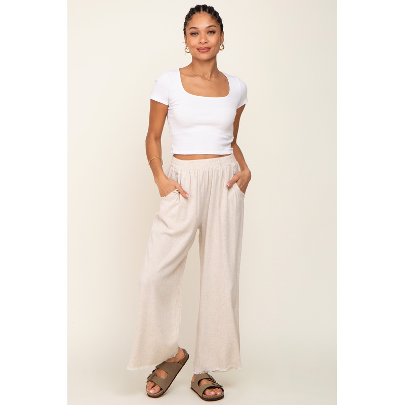Beige Fringe Hem Linen Pants