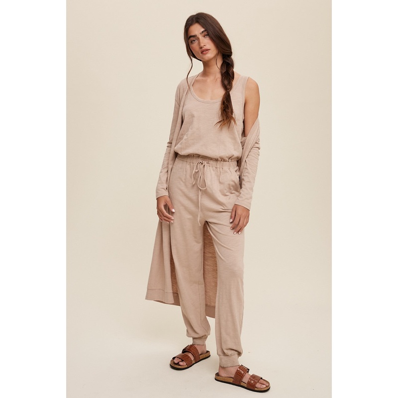 Beige Jumpsuit And Long Cardigan Knit Set