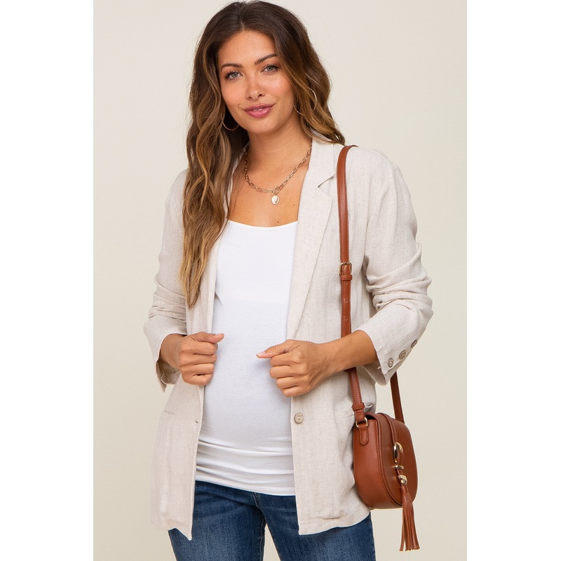 Beige Linen Button Maternity Blazer