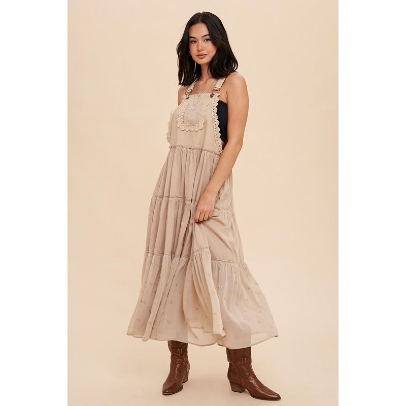 Beige Overall Crochet Lace Tiered Dress