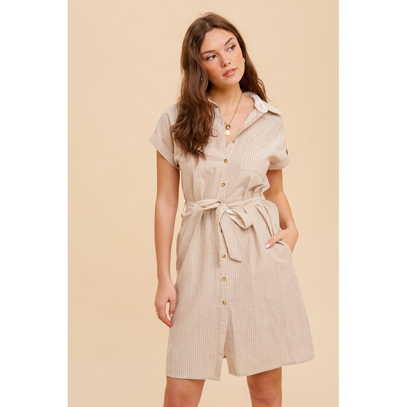 Beige Pin Stripe Belted Shirt Dress