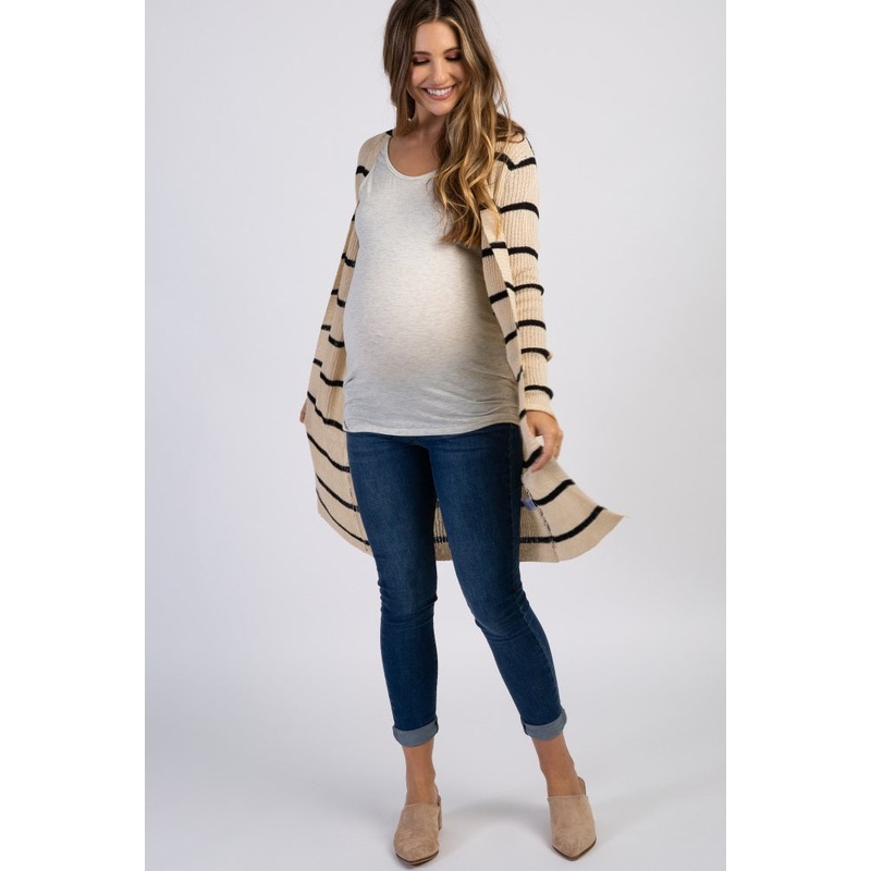 Beige Striped Knit Long Maternity Cardigan