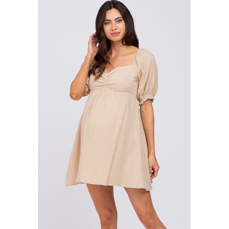 Beige Sweetheart Neckline Maternity Mini Dress