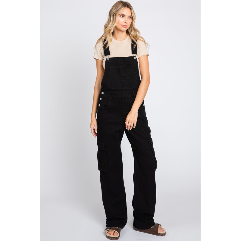 Black Cargo Pocket Denim Overalls