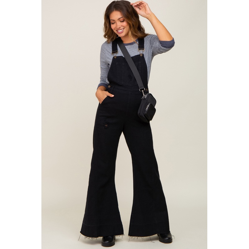 Black Denim Distressed Wide Leg Maternity Overalls