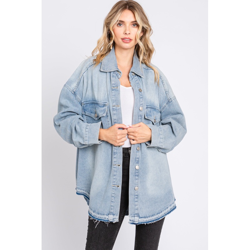 Blue Round Raw Edge Hem Denim Jacket