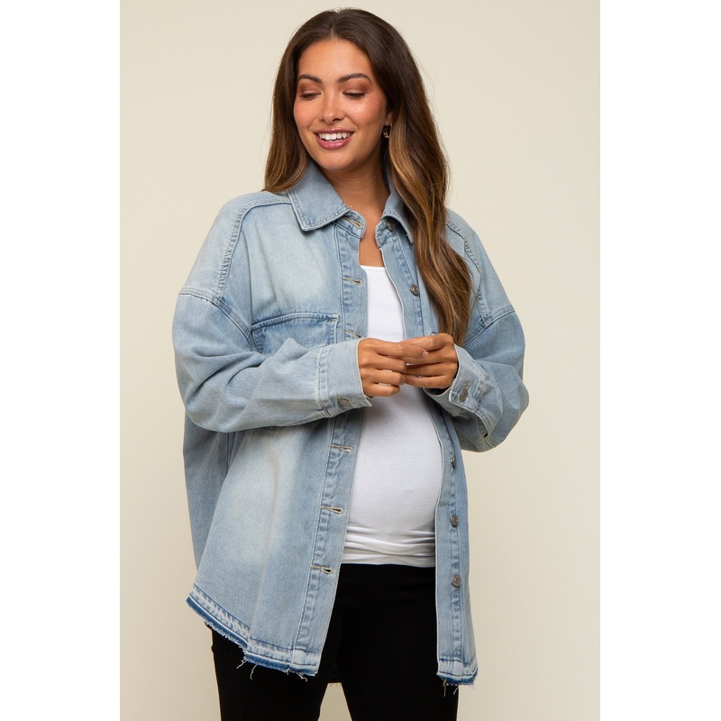 Blue Round Raw Edge Hem Denim Maternity Jacket