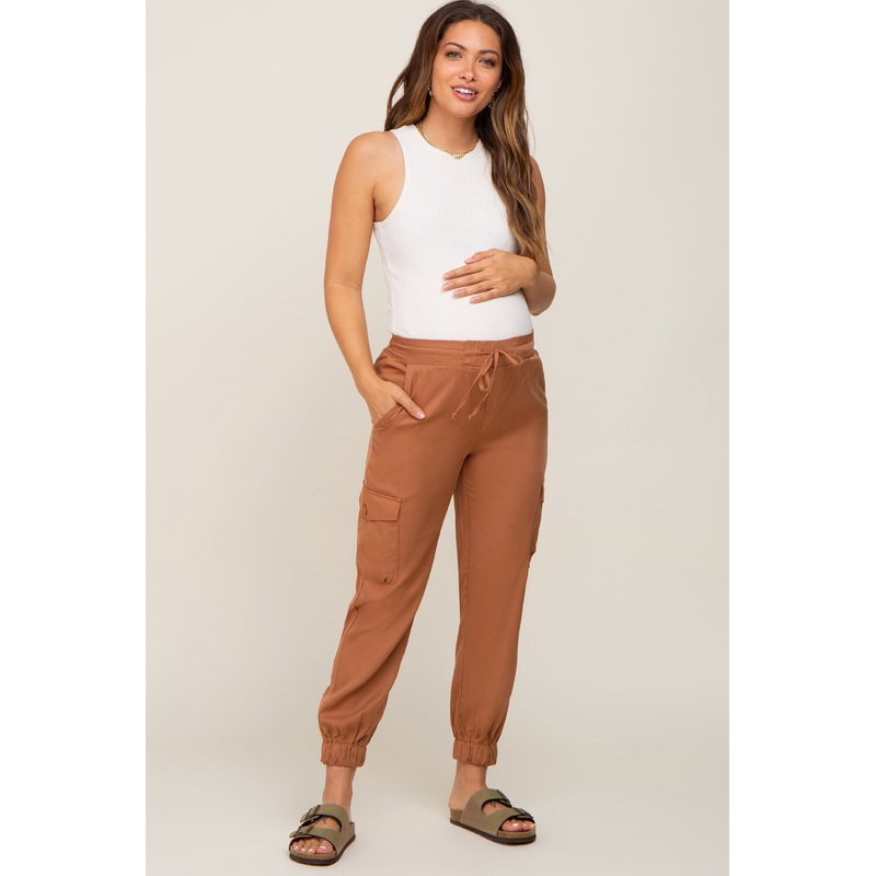 Camel Drawstring Cargo Maternity Pants