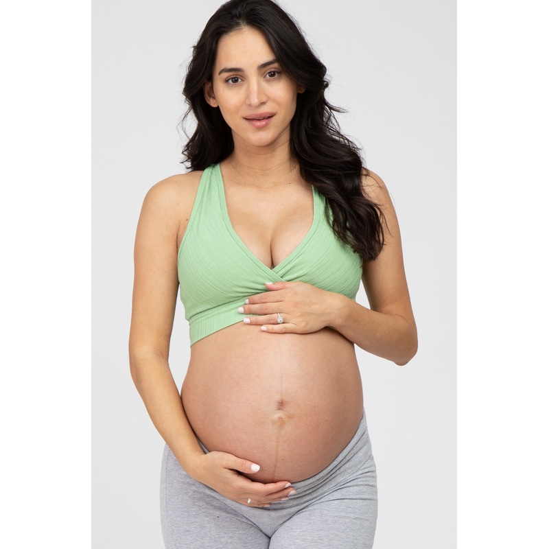 Green Ribbed Crossover Maternity Sports Bra