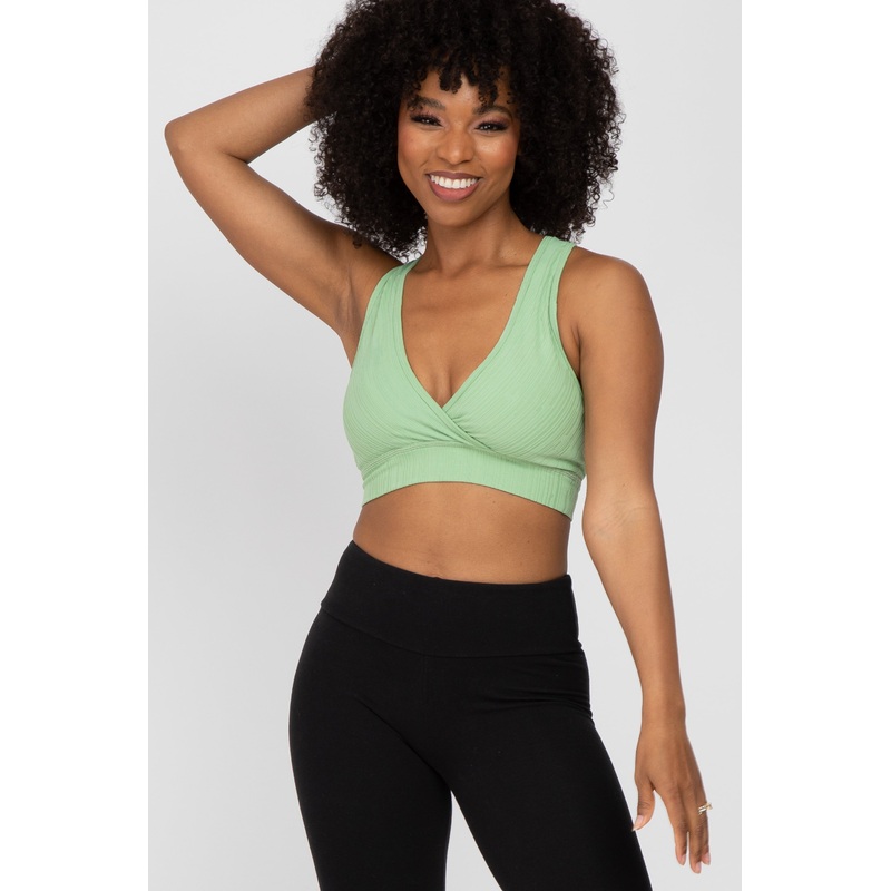 Green Ribbed Crossover Sports Bra