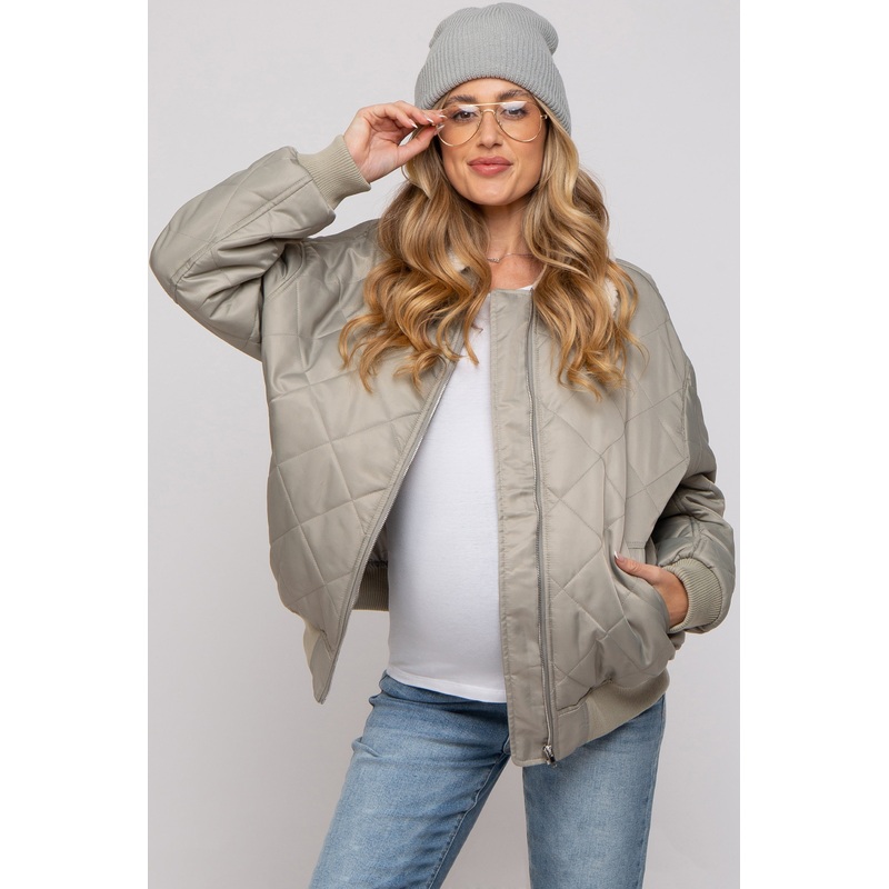 Light Olive Quilted Sherpa Collar Maternity Jacket