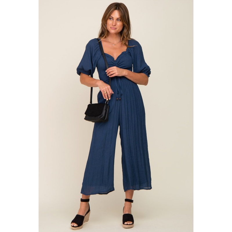 Navy Blue Smocked Drawstring Front Short Sleeve Jumpsuit