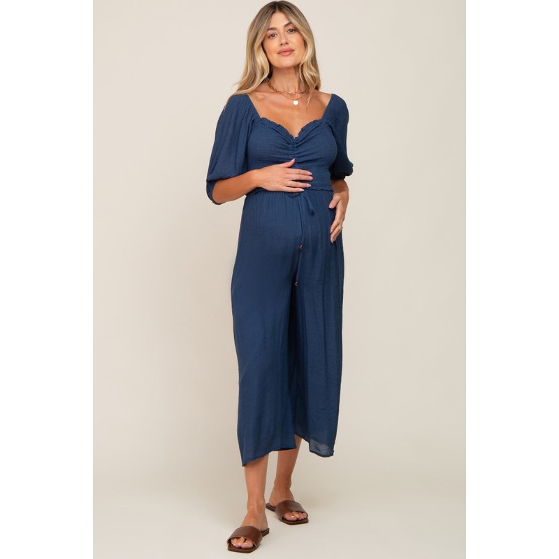 Navy Blue Smocked Drawstring Front Short Sleeve Maternity Jumpsuit