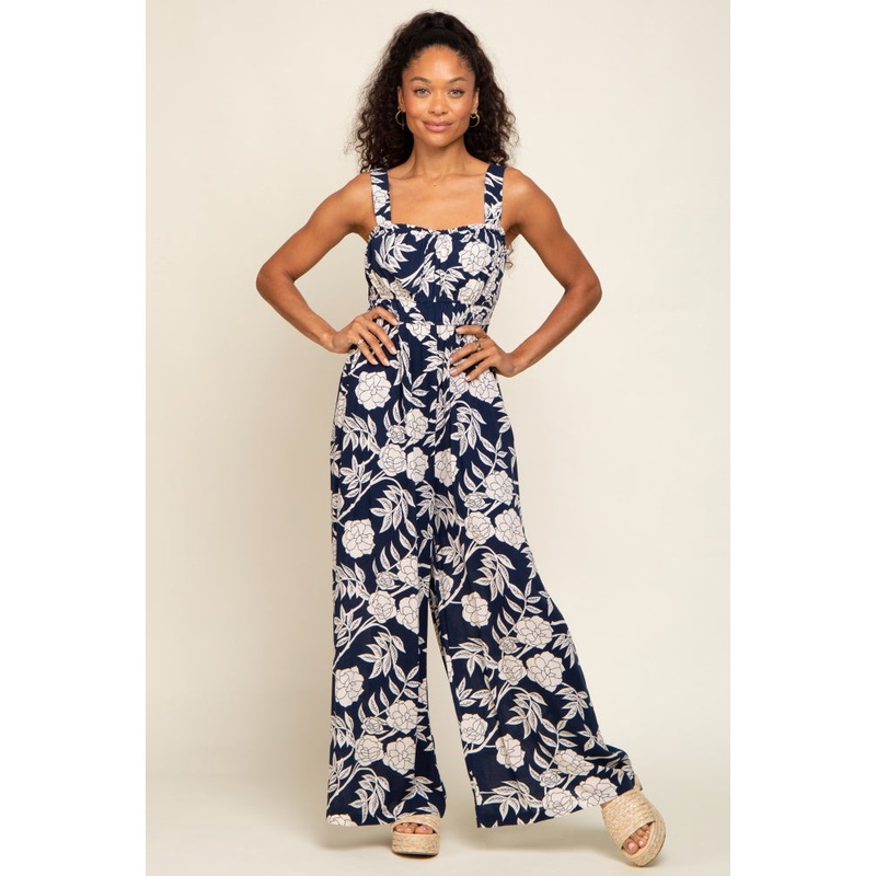 Navy Floral Sweetheart Neck Jumpsuit