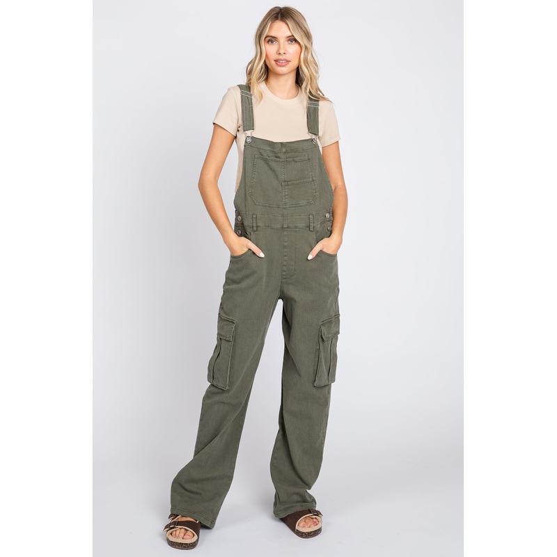 Olive Cargo Pocket Denim Overalls