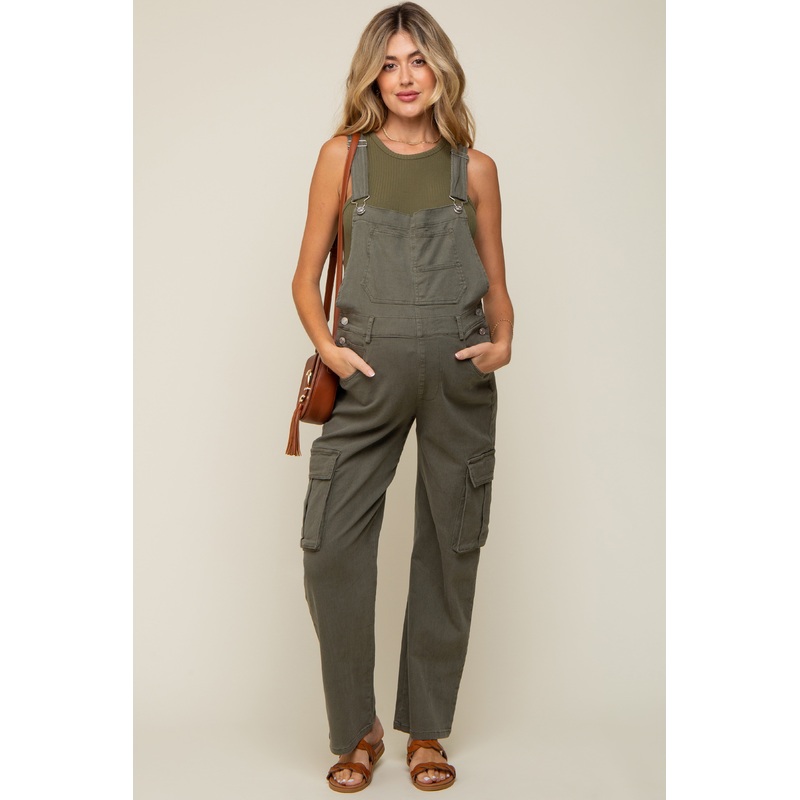 Olive Cargo Pocket Maternity Denim Overalls