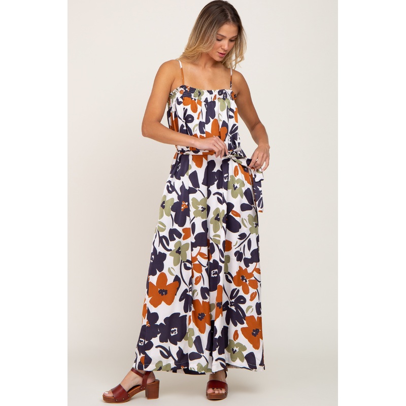 Olive Floral Smocked Cropped Wide Leg Jumpsuit