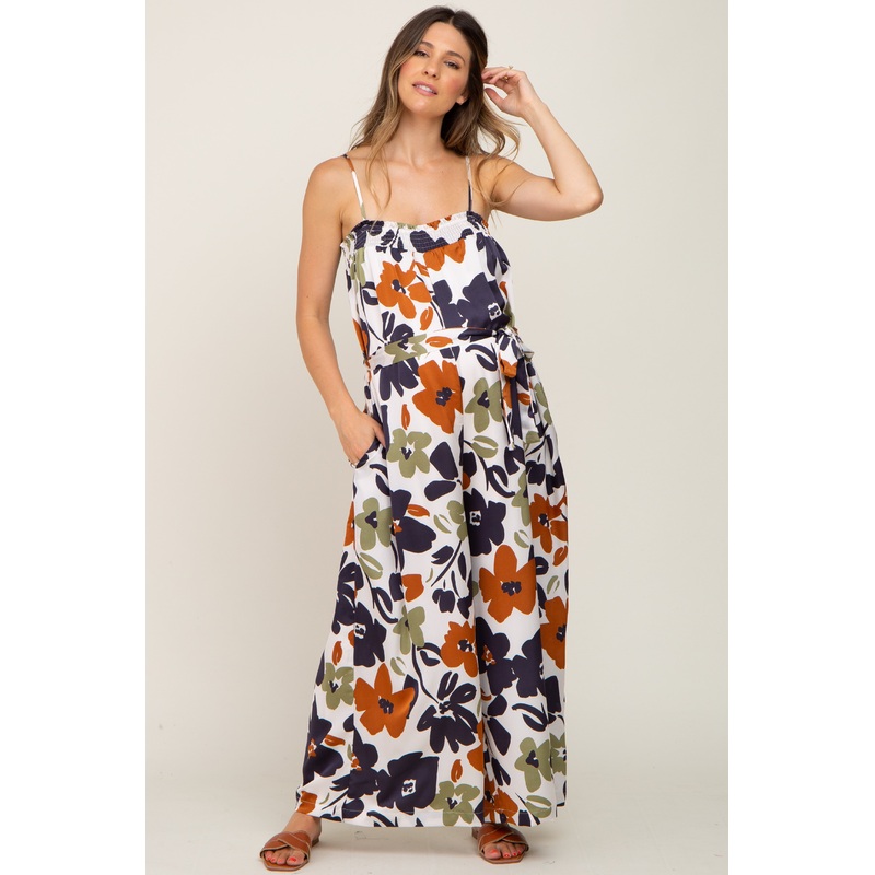 Olive Floral Smocked Cropped Wide Leg Maternity Jumpsuit