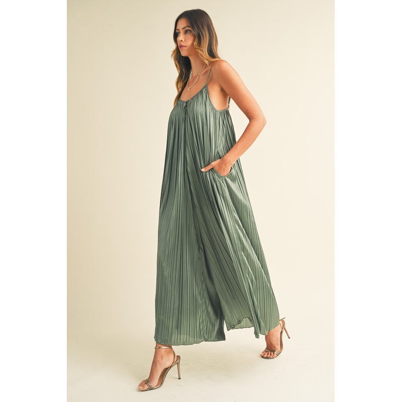 Olive Pleated Wide Leg Sleeveless Jumpsuit