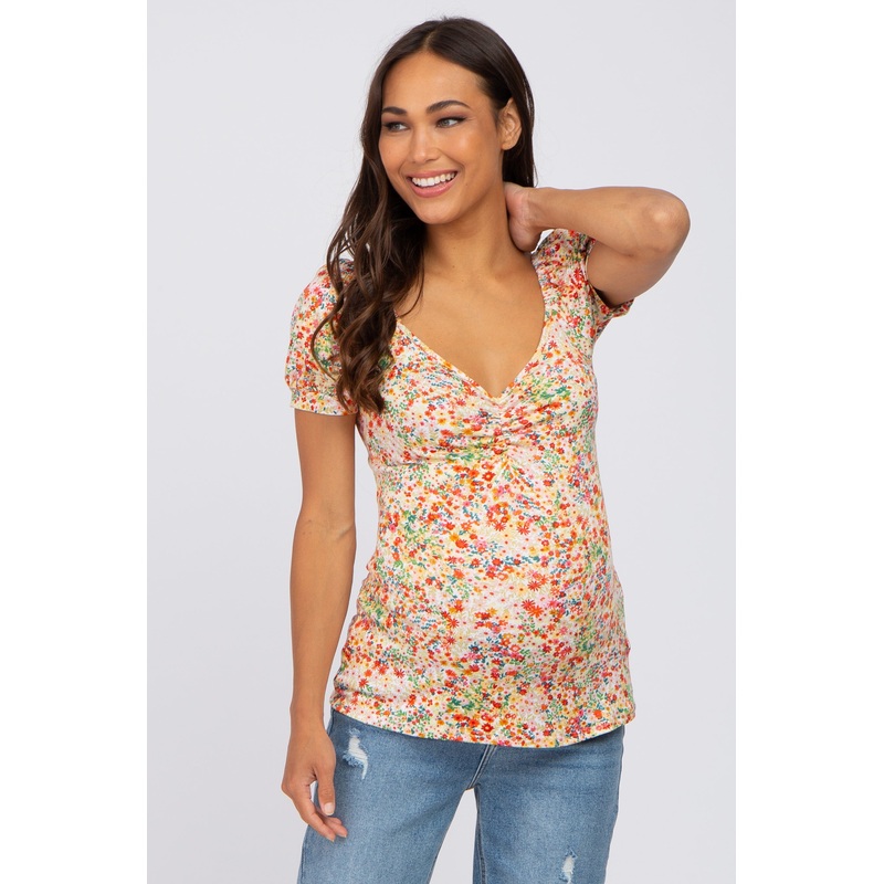 White Floral Sweetheart Neck Maternity Top