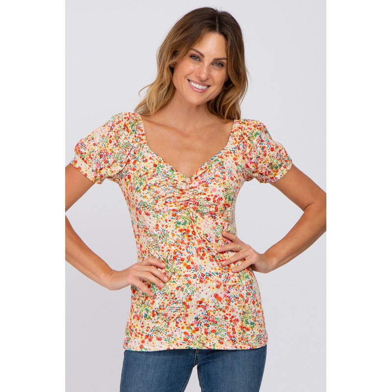 White Floral Sweetheart Neck Top