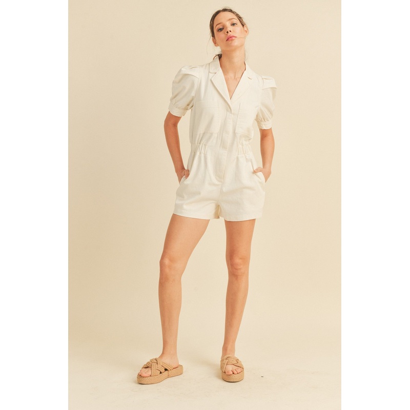 White Puff Sleeve Denim Romper