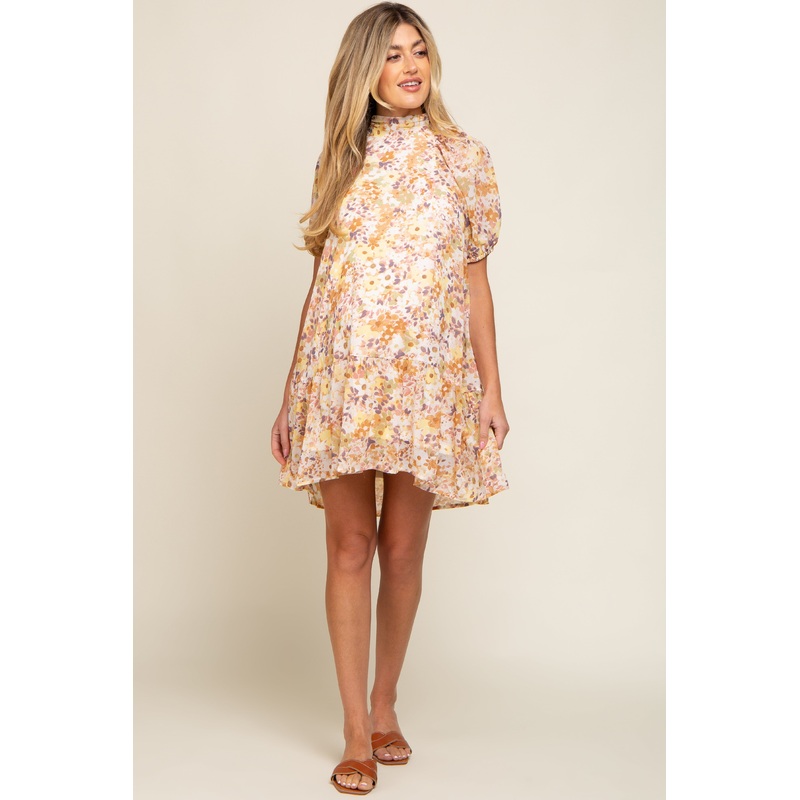 Yellow Floral Chiffon Back Cutout Tie Puff Sleeve Maternity Dress