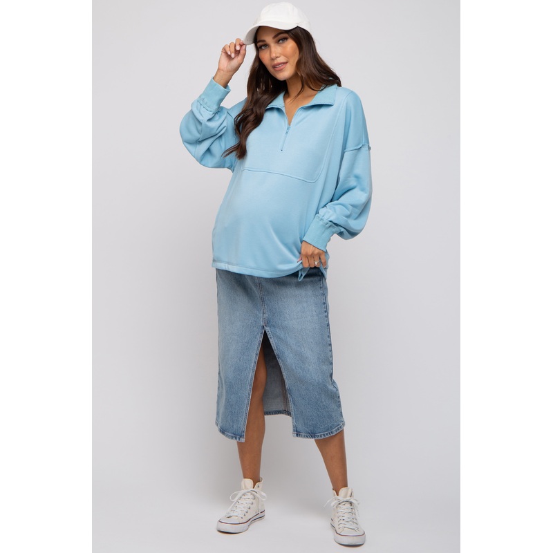 Aqua Half Zip Maternity Pullover Top