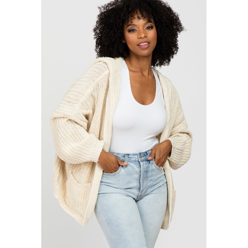 Beige Cable Knit Hooded Cardigan