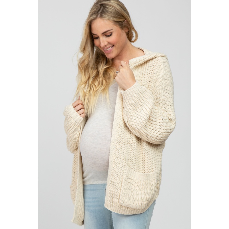 Beige Cable Knit Hooded Maternity Cardigan