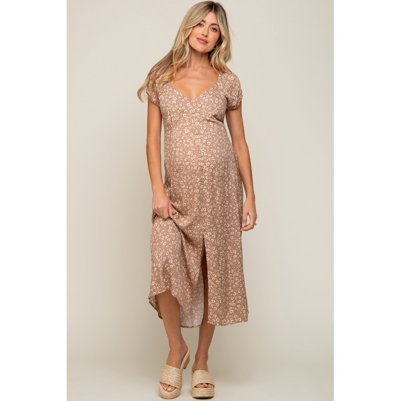 Beige Leopard Button Front Maternity Midi Dress