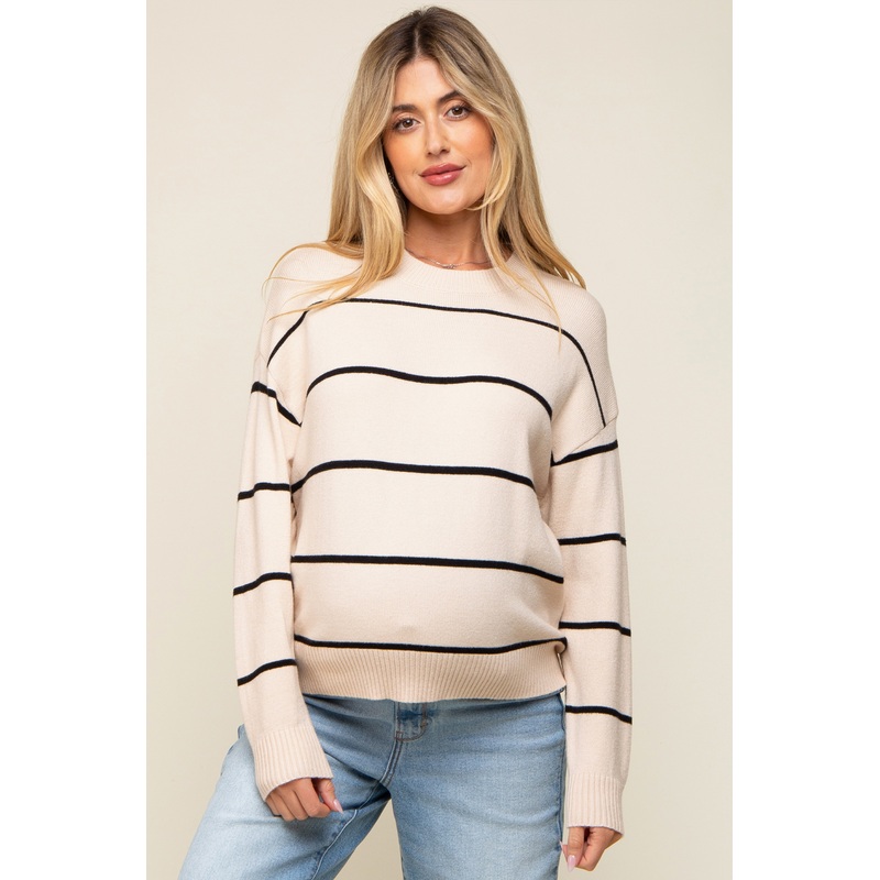 Beige Striped Basic Maternity Sweater