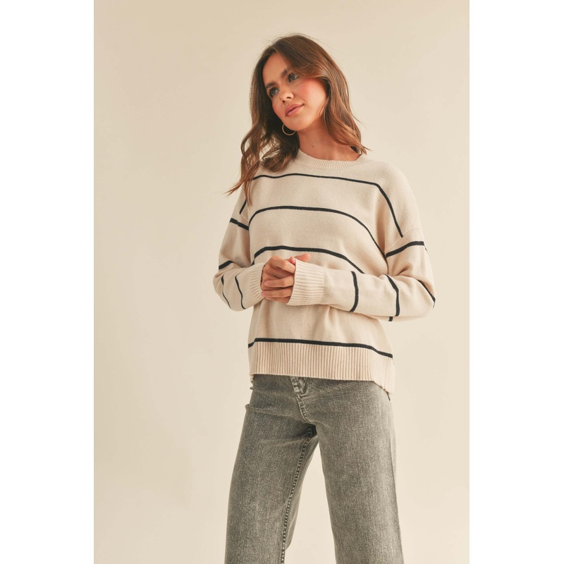 Beige Striped Basic Sweater