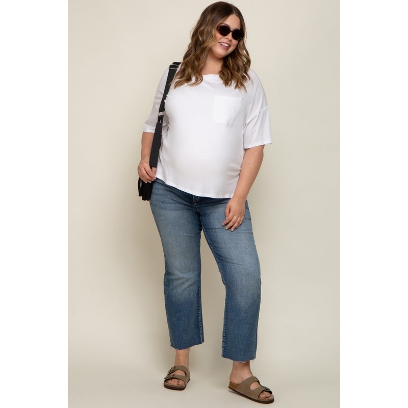 Blue Straight Leg Raw Hem Maternity Plus Jeans