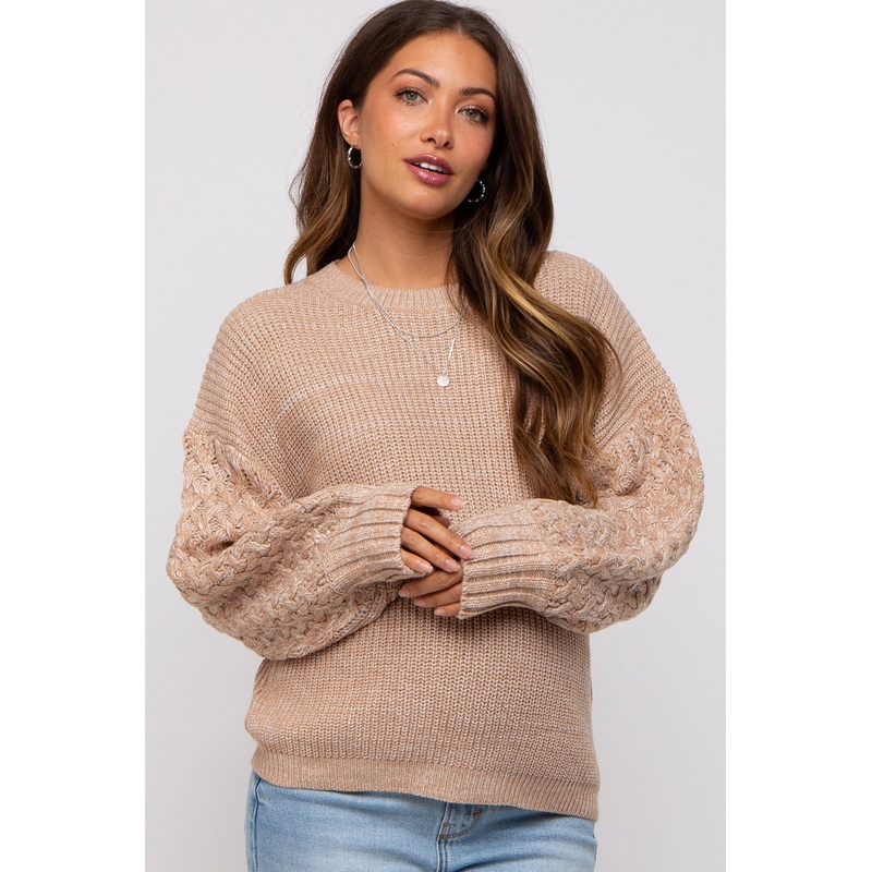 Camel Braided Sleeve Maternity Sweater