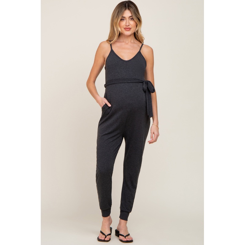 Charcoal Grey Sash Tie Maternity Jumpsuit