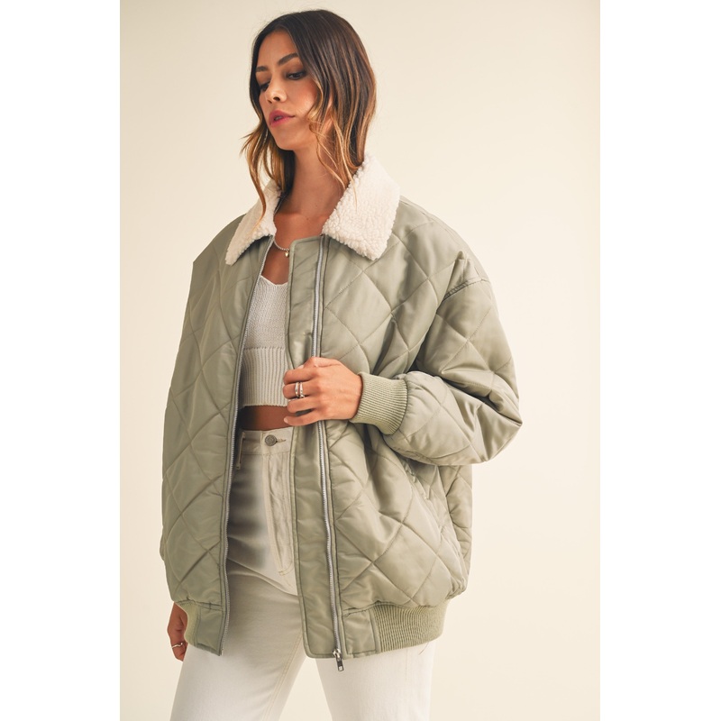 Light Olive Quilted Sherpa Collar Jacket