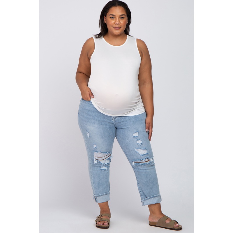 Light Wash Distressed Cuffed Plus Maternity Jeans