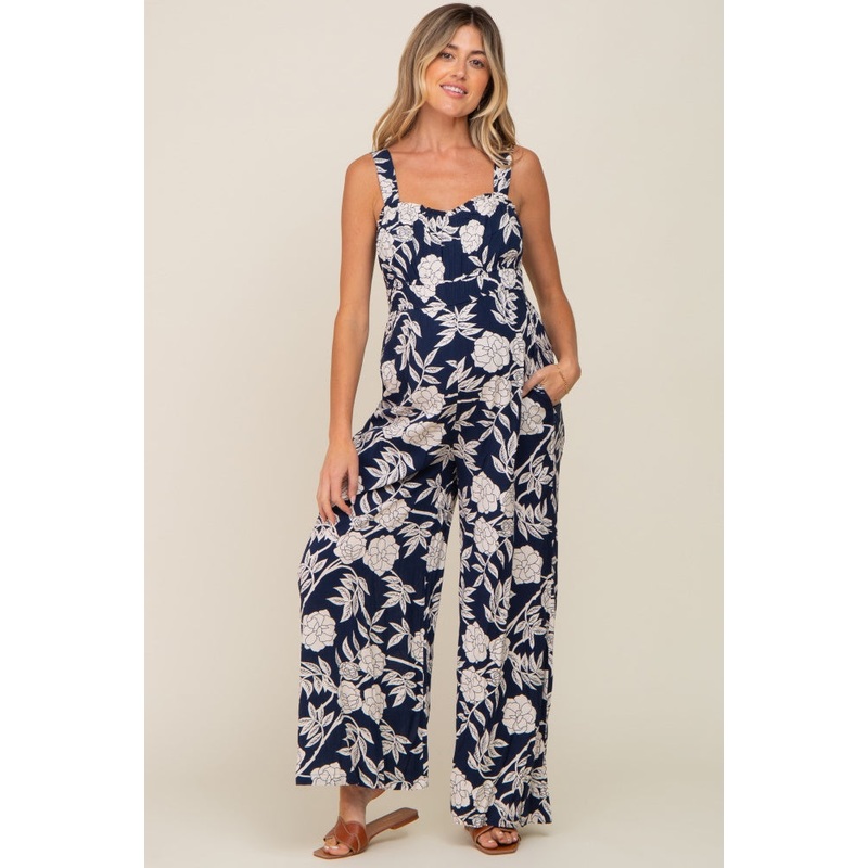 Navy Floral Sweetheart Neck Maternity Jumpsuit