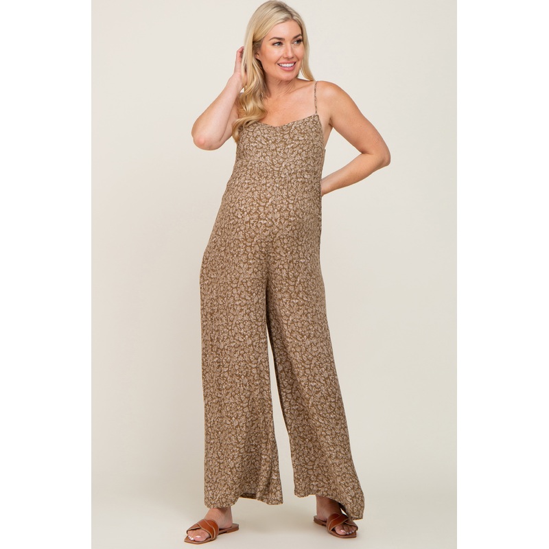 Olive Floral Sleeveless Back Tie Maternity Jumpsuit