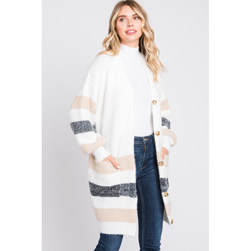 White Striped Eyelash Knit Button Front Cardigan