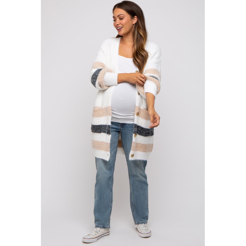 White Striped Eyelash Knit Button Front Maternity Cardigan