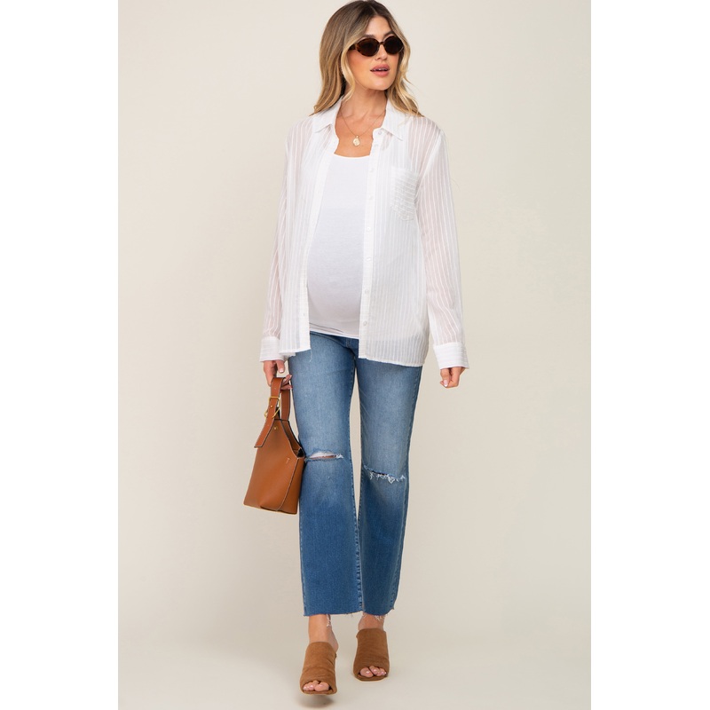 White Textured Stripe Collared Button-Down Long Sleeve Maternity Top