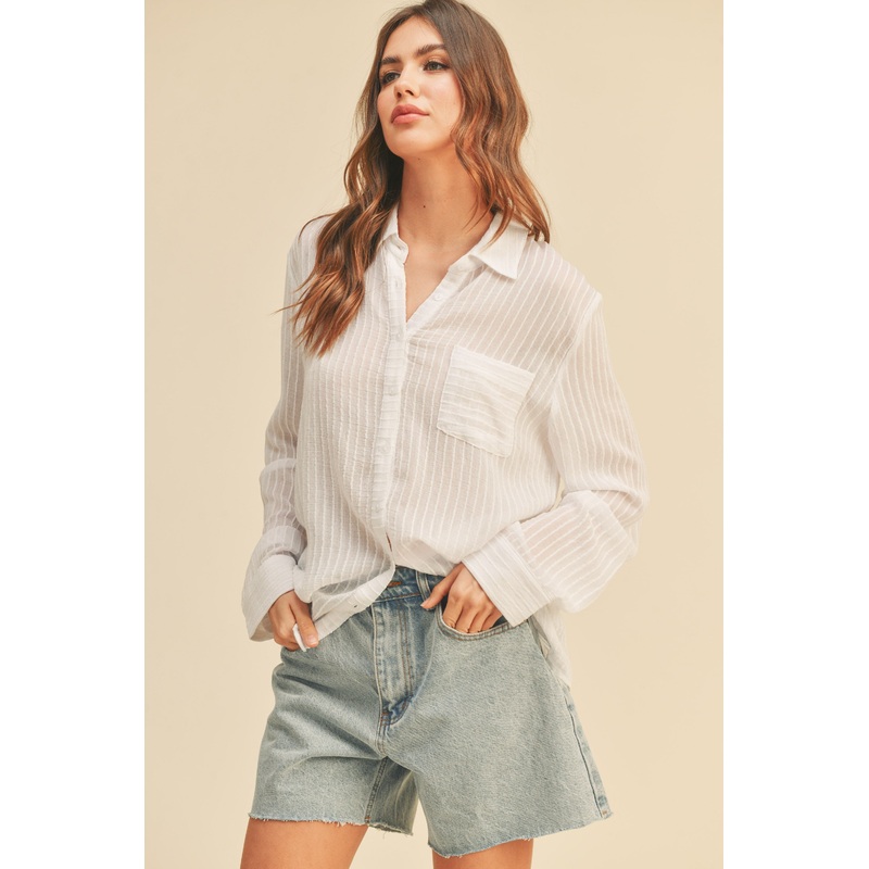 White Textured Stripe Collared Button-Down Long Sleeve Top